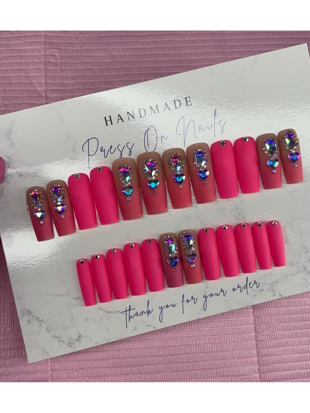 Long square Press on nails pink ombré rhinestones matte nude